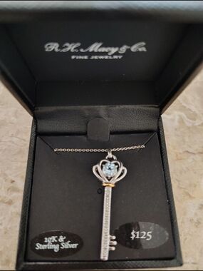 Sterling Silver Key Pendant Necklace with Blue Gem